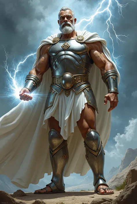 Zues holds a lightning bolt, skinny, shinning silver armor, sandal, slightly bald, moustache