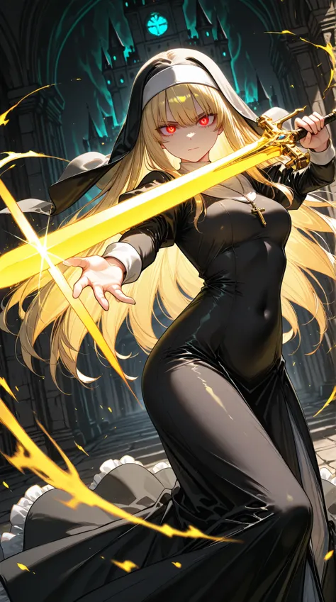 solo, 1girl, aiming a Longsword at viewer, (glowing yellow sword, aura:1.3), fighting stance,
BREAK 1girl, nun, long dress, (Matte black:1.3) dress, glowing red eyes, long blonde hair, serious,
BREAK night, dark background, castle,
BREAK diffraction spike...