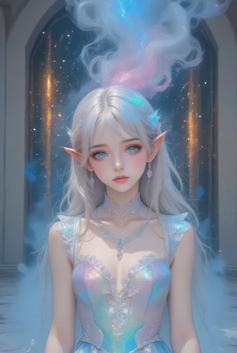 ultra detailed, absolutely resolution, masterpiece. 
fantasy beautiful elves, when the thick steel door opens, a dazzling light and smoke rises and a beautiful elf appears from within, updo hair, wearing heavenly maiden costume. 
various colorful iridescen...