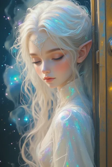 ultra detailed, absolutely resolution, masterpiece. 
fantasy beautiful elves, when the thick steel door opens, a dazzling light and smoke rises and a beautiful elf appears from within, updo hair, wearing heavenly maiden costume. 
various colorful iridescen...