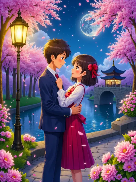 Create a romantic painting featuring a young Asian couple. The man should be wearing a traditional suit, and the woman should be wearing a flowing red dress. They are standing in a moonlit garden, blooming with cherry blossoms. A soft, glowing lantern is i...