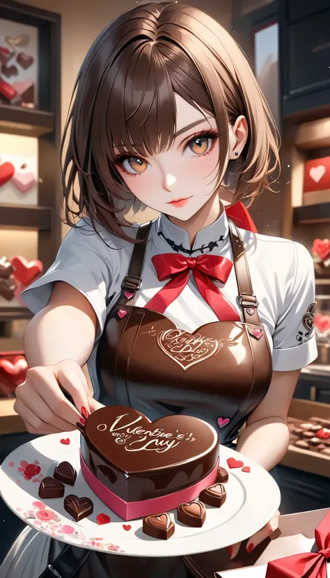 Ultra High Resolution, ((ADULT WOMAN HANDING YOU VALENTINE'S DAY CHOCOLATE ), Alone, COOL BOYISH FEMALE , Rock punk style appearance, cute and lean beauty, ( BREAK She Likes Faded Orange Chocolates , Aiming to Be a Pastry Chef , \Maiden Heart in Love \))...
