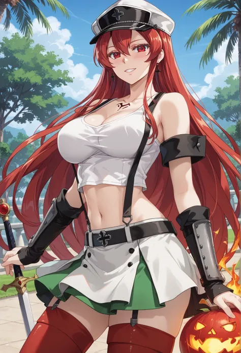 esdeath, firely red eyes, firely red hair, long hair, BIG BREASTS , very large breasts, big breasts, eyelashes, red face, sexy seductive smile, blushing red cheeks,masterpiece, flowing bangs, single sidelock, break arm guards, bare shoulders, green skirt, ...