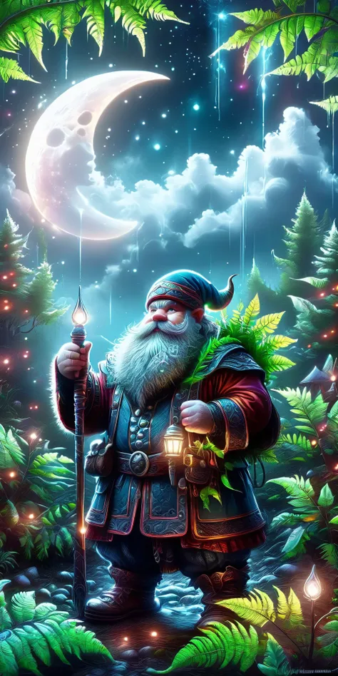 (( dwarf: 1.5)), ( masterpiece ), ( top quality: 1.0), ( Supernatural: 1.0),  Detailed Illustration ,  detailed landscape , forest , Fern, plant,  Vivid  coloers, 8k, night, Moon clouds , ((Magical,  beautiful: 1.4 )), (( top quality,  Vivid ,  32k light w...