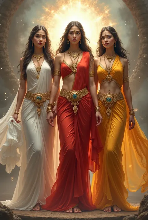 Hindu goddess saraswati, lakshmi, parvati standing full body in white, red, yellow cloth exposed navel boobs