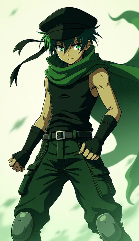 

*"Anime style, young anthropomorphic male with a sharp gaze, wearing a round hat, scarf around the neck, black vest, cargo pants, and kneecaps. Color scheme: green and black, high contrast. Pose: fighting, epic and dramatic. Avoid cropping, no background...