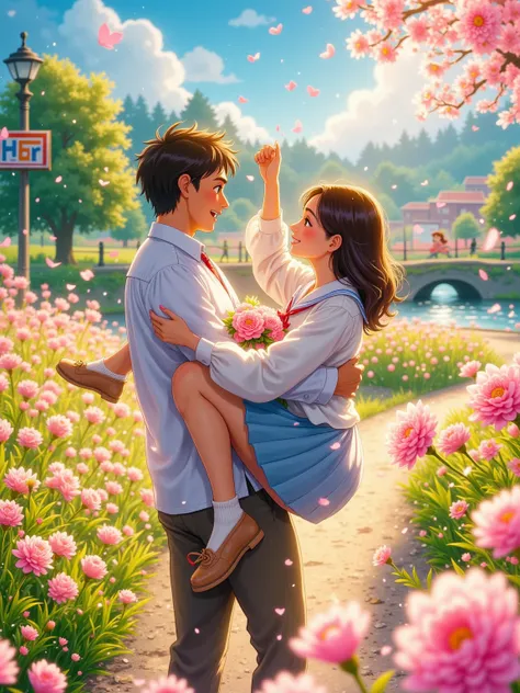 An image beautifully captures a Middle-Eastern man lifting a Caucasian woman into the air amidst a vibrant flower field that is a splash of various colours. Their actions portray pure love and joy. The atmosphere is warm, sun-kissed, playful, and romantic....