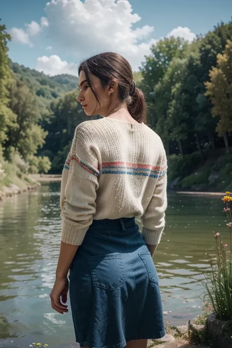  masterpiece striped sweater,   better quality,  high quality,  rear side view  CG unit 8k wallpaper, landscape,  outside, sky, cloud, jour, grand châtWater médiéval, pas d'humains, mountain, landscape, Water, TREE, blue sky, Waterfall, falaise, nature, la...