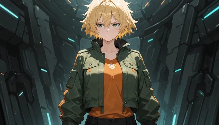 (best quality),1girl,solo,short hair,blond messy hair,green eyes,frown,orange shirt,green jacket,black pants,upper body,Science fiction,ultra-detailed,sharp focus,aesthetic, 