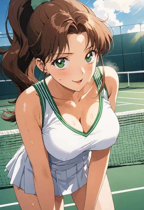 masterpiece, Best Quality, High resolution,16k,official art,super detailed skin,detailed,animated painting, (Makoto Kino),1990s \(style\),25years old, (tall:1.2),height: 175cm,Fashion model body type,(Beautiful E-cup breasts),Brown long hair,ponytail、Green...