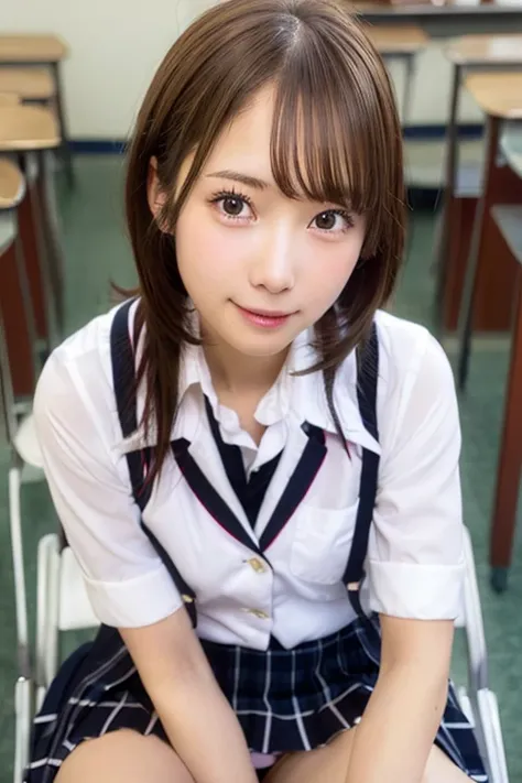 nsfw,one woman,(school uniform,blazer,dress shirt,pleated skirt),spread legs,panty shot,sitting in a chair,cute face,smiling,bob hair,saddlebrown hair,in the classroom,high quality,photorealistic,masterpiece,highly detailed,japanese