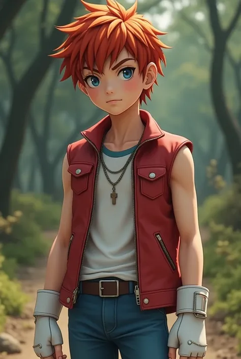 Live action Short Realistic Asian young tween boy with Medium Red Hair, With Blue eyes, with a Smug Expression, Wearing a Red Leather Sleeveless vest with Blue Jeans and White Fingerless Gloves.