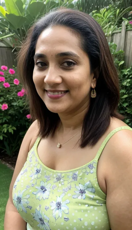 Side selfie, looking  to camera and smile ,55 year old  mature,sexy sheela, sexy milf, hot curvy, chubby, cute face,standing in garden, 55yo, wearing light green floral and dot design tanktop ,(cinematic:1.3), intricate details, (ArtStation:1.2),detailed f...