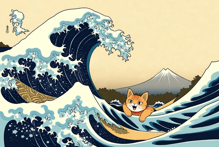 _A highly detailed ukiyo-e style illustration inspired by Katsushika Hokusai’s “The Great Wave off Kanagawa.” A massive, curling wave with intricate foam patterns towers over a startled yet playful cat, caught in the midst of the swirling water. The wave f...