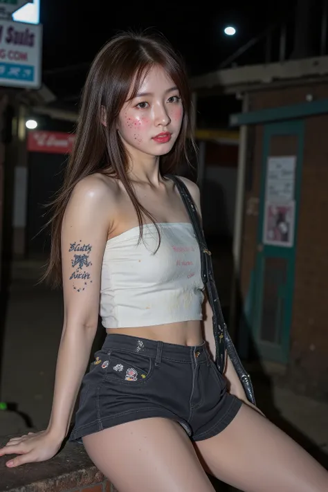 NSFW,
Film camera depiction,
Taken with a high-dispersion high-end lens,
Wide-angle lens,
Full-body shot,

at night,
A beautiful Korean girl is attracting customers at in the slums,
Her face has large burn scars,
((The burn scars have become ugly keloid sc...