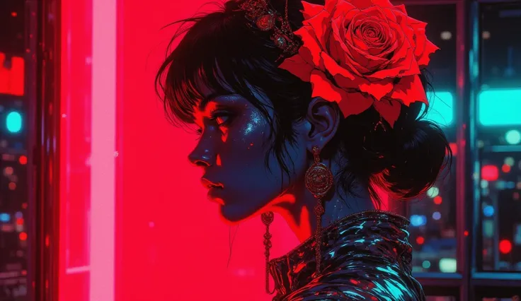  high quality, 8K ultra HD, Una hermosa MUJER DE NOCHE double exposure que combina una silueta de mujer con unA rosa neon de fuego,  la rosa should serve as a backdrop,  with its details incorporated into the woman , sharp lines, The background iS fuego,  ...