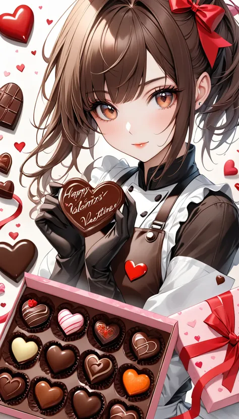 Ultra High Resolution, ((ADULT WOMAN HANDING YOU VALENTINE'S DAY CHOCOLATE ), Alone, COOL BOYISH FEMALE , Rock punk style appearance, cute and lean beauty, ( BREAK She Likes Faded Orange Chocolates , Aiming to Be a Pastry Chef , \Maiden Heart in Love \))...