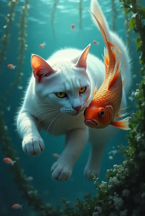 White cat and fish fighting image generator