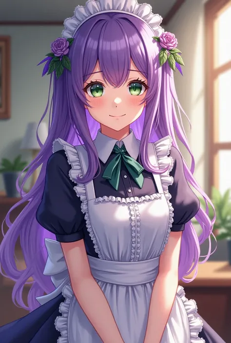  anime girl image,  long purple hair,  green eyes,  average height, Visiting a maid costume