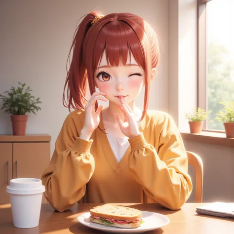 (Image from the front) (cowboy shot, bust up) (girl is eating)  Beautiful anime style portrait, Detailed portrait of beautiful anime style girl, 
Beautiful anime style portrait, Beautiful anime woman, 
Digital animation illustration, Anime style portrait, ...