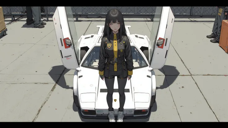  From above、 fisheye 、white Lamborghini Countach LP500s、Japanese schoolgirl standing in front of a car 、 black and yellow pilot suit、 black hair、 matching bangs、  long hair 、 adidas sneakers
