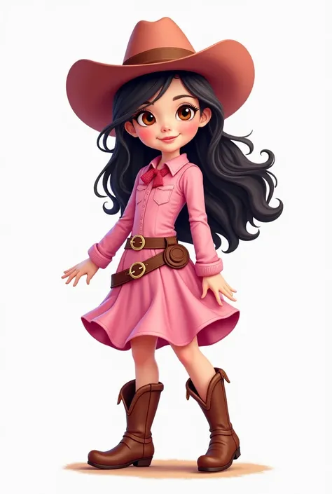 "A lovely cowgirl  wearing pink-colored clothing, including a beautiful cowboy hat and stylish boots. Her hair is long, black, and flowing gently. She has a sweet smile and a cute, captivating look. The image features a soft white border around the girl, a...