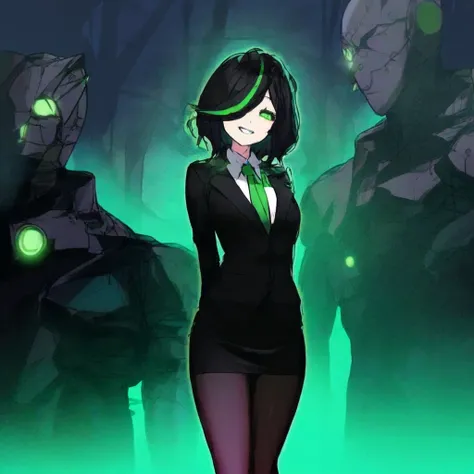 alone、 black hair、 1 girl、Stand、smile、 black women's business suit overlooking a burning city、 Black Miniskirt 、 black tights、 green tie 、green streaked hair、arm behind back、background: Burning City  ,空中でStand、 pale green glowing eyes standing in the air 、...