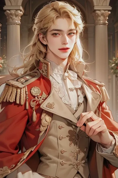 (artist) very detailed, 1man with blond hair, brown eyes, A handsome male.  He is a prince of a european country, dynamic pose, 19century European clothesand background , warm smile

