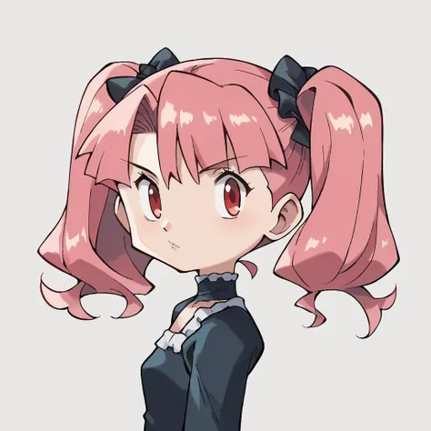 score_9, score_8_up, score_7_up, score_6_up, score_5_up, score_4_up, ken sugimori, 1girl, simple background, bright pink hair, black frilly dress, young girl, young body, young body, young face, short, cute, petite, flat chest, upper mid body, looking at v...