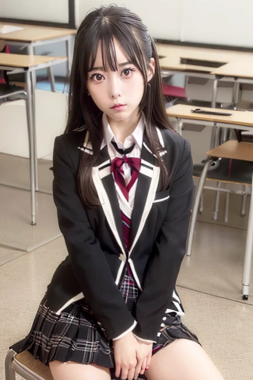 nsfw,one woman,(school uniform,black blazer,dress shirt,pleated skirt),spread legs,panty shot,sitting in a chair,cute face,cool face,expressionless,long hair,in the classroom,high quality,photorealistic,masterpiece,highly detailed,japanese