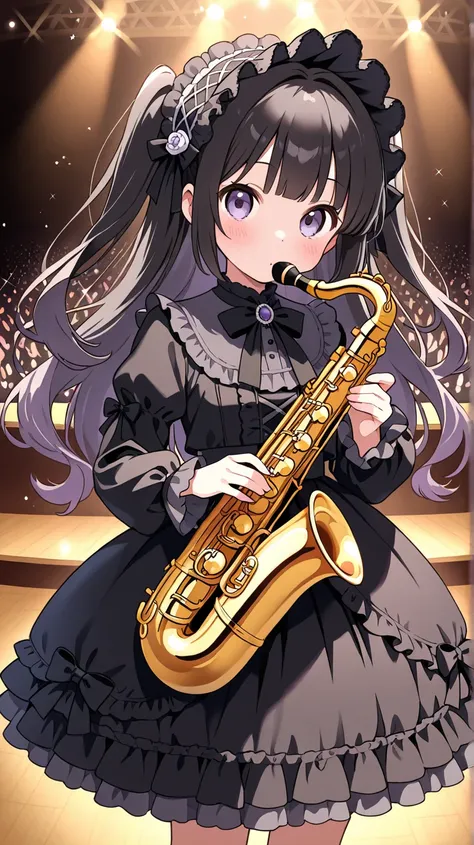  Masterpiece、 top quality、 cute elementary school girl、 Concert Hall 、solo concert、cute gothic lolita clothes、 playing saxophone 