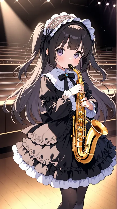  Masterpiece、 top quality、 cute elementary school girl、 Concert Hall 、solo concert、cute gothic lolita clothes、 playing saxophone 