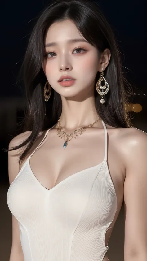 perfect figure beautiful woman，layered Hair Style， (curvaceous, swimsuit, beach, at night), (upper body shot from top)，Highly Detailed Face and Skin Texture，Whiten the skin, necklace, earrings, add_detail:1.0