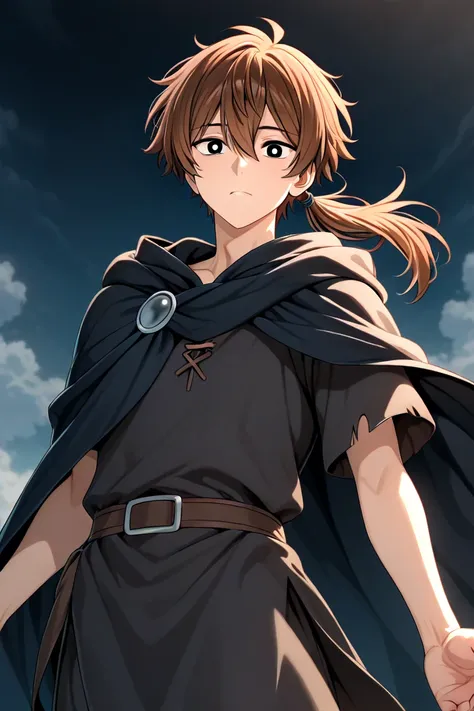 An anime male that looks 19. He has light skin, long brown hair tied in a ponytail, and black pupils. He wears a dark black tunic and legings, and a black cloak with the hood down He is looking directly at the camera with a bland facen making a heart with ...