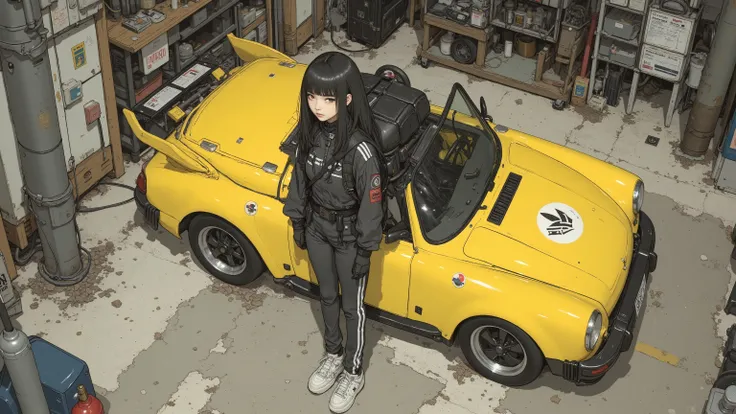  from above、 Fisheye 、IVORY-COLOR VOLKSWAGEN CARMANGIA、Japanese schoolgirl standing in front of a car 、 black and yellow pilot suit、 black hair、 matching bangs、 long hair、 adidas sneakers
