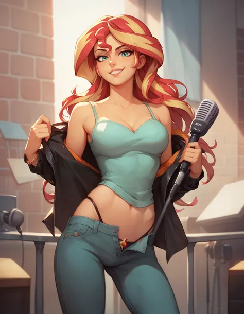 Sunset Shimmer, as a stand-up comedian, standing in front of a brick wall on a stage, unbuttoning her shirt, microphone on stand, wearing dress pants and a button up shirt, undressing