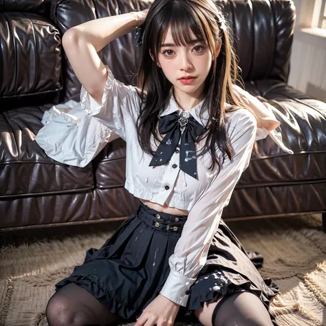 arafed asian woman in a skirt and a white shirt posing for a picture, japanese school uniform, japanese girl school uniform, wearing japanese school uniform, cute schoolgirl, jk uniform, beautiful anime high school girl, Wear loafers, Open belly button, Op...