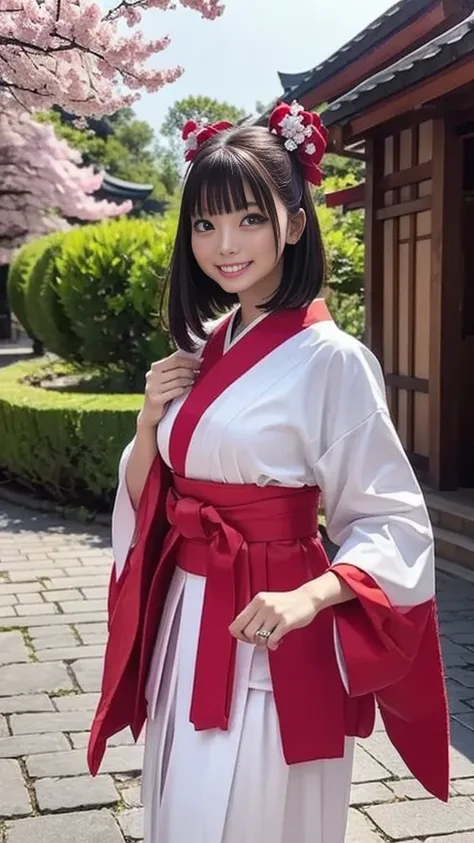 ( miko、hakama、Shrine maiden costume、Shrine Maiden Costume、Red and white)、single bun、Medium breast、smile、Path with cherry blossoms、The large grounds of the shrine、Walking on cobblestones、Bright sunlight、 cinematic lighting、 Supreme Masterpiece:1.3、 top qual...