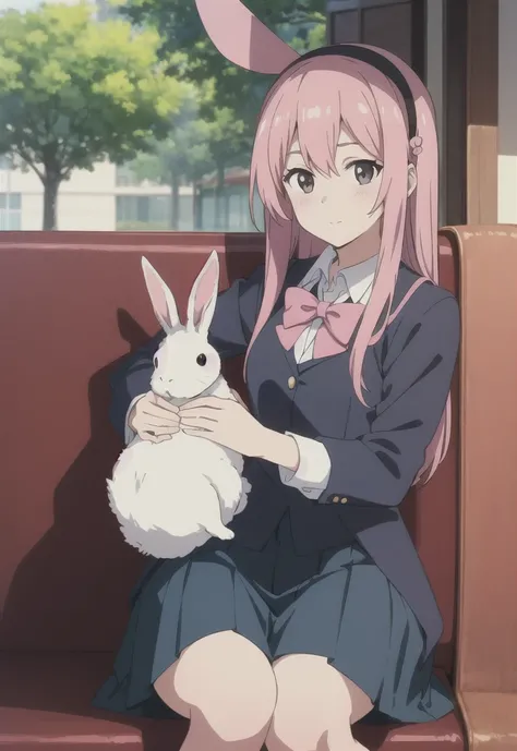 Perfectly drawn, masterpiece, impressionistic:colorful, clear, clean, best quality, anime, girl with a cute bunny on her lap, wearing a school uniform, long pink hair, white bunny, park background, perfect background