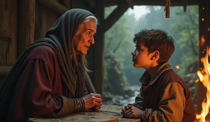 Create an epic scene from the medieval era of an old woman talking to her young son