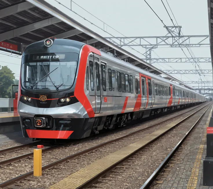 Masterpiece, hires, best quality, 2d, 1traim, silver color, red bumper, red stripping, electric train, metro, transit, railway station, outdoor, no human, no people, alone 