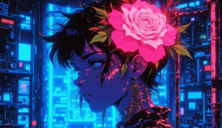  high quality, 8K ultra HD, Una hermosa MUJER DE NOCHE double exposure que combina una silueta de mujer con unA rosa de fuego,  la rosa azul should serve as a backdrop,  with its details incorporated into the woman , sharp lines, The background iS neon,  s...