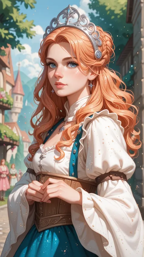 Anime Portraiture, thick outline, glitter, sparkly, Outdoor background, dreamy, Late medieval aesthetic. Sideless surcoats, Hennin headdress, Dramatic, flowing sleeves and dark, rich fabric