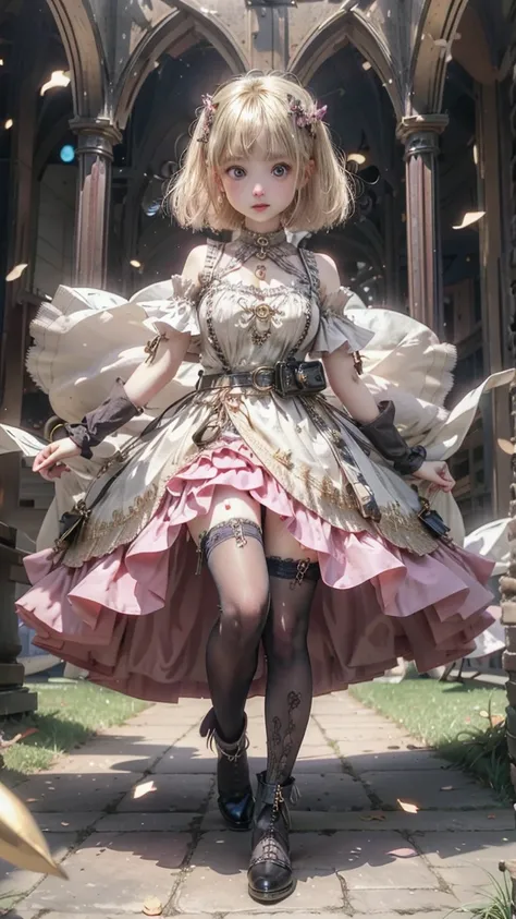 Steampunk Lolita 、 platinum blonde hair、 short bob、round face、 Dark Blue Eyes 、 big eyes、Droopy eyes、 luxurious metallic silver and dark pink super mini mini dress、 skirt with lots of pink frills layered 、 stack 3 white and purple panniers on top of each o...