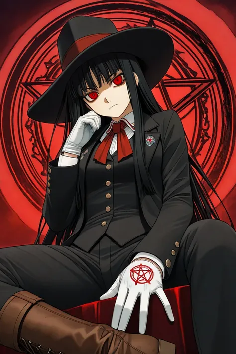 hellsing_ultimate_style Screenshot of Hellsing Ultimate. a 19-year-old age girl who became a vampire thanks to Alucard, has long black hair spiky with bangs, light skin, blood red eyes, wears a classic British English black suit with a white undershirt, a ...