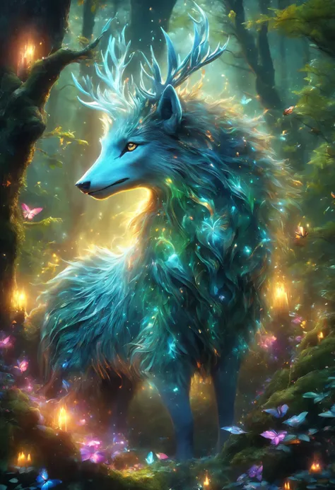 A mysterious magical forest, magical animals living in the forest, fantasy animals, magical world, mystical creatures, bizarre creatures, fantasy colors, magical forest, fantasy elements, fantasy elements, the forest is filled with the smell of magic, givi...