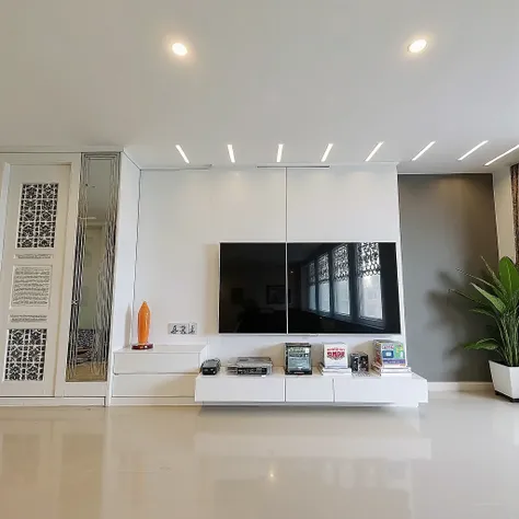 Modern living room furniture, white MVDF wireless tv rack, white painted wall accent fake concrete paint, white painted plasterboard ceiling combined led strip.