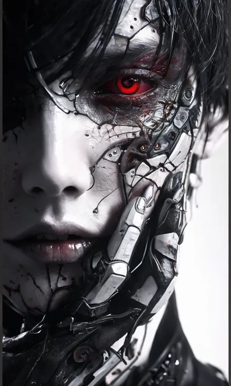 a Ryomen Sukuna  close up of a person with a bloody face and a hand on their face, great digital art with details, cracked. biomechanical cyborg, detailed portrait of a cyborg, intense demonic look in the eyes, horrific digital art, cyberpunk horror style,...