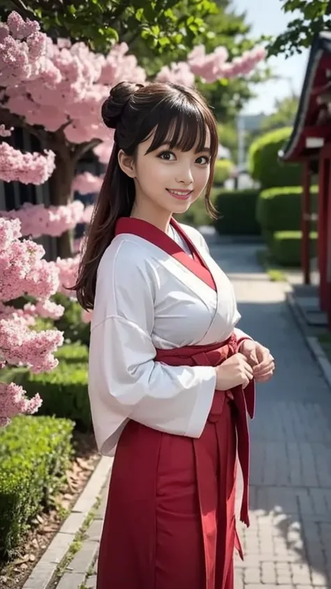 (shrine maiden outfit、 miko、hakama、Shrine maiden costume、Shrine Maiden Costume、Red and white)、single bun、Medium breast、smile、Path with cherry blossoms、The large grounds of the shrine、Walking on cobblestones、Bright sunlight、 cinematic lighting、 Supreme Mast...