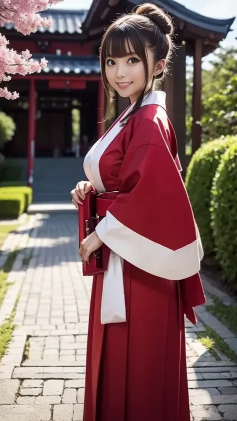 ((shrine maiden outfit、 miko、hakama、Shrine maiden costume、Shrine Maiden Costume、Red and white))、single bun、Medium breast、smile、Path with cherry blossoms、The large grounds of the shrine、Walking on cobblestones、Bright sunlight、 cinematic lighting、 Supreme Ma...